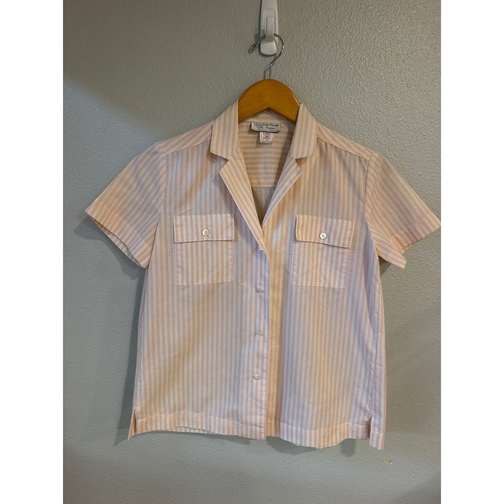 Evan-Picone Shirt Womens 6 Pink White Striped Short Sleeve Camp Collar Vintage
